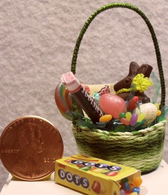 Green Easter Basket w/ chocolate bunny and jelly beans