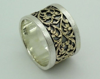 Fine Israel Handmade Elegant Filigree Gold Silver Lace Ring size 8 (I r244)