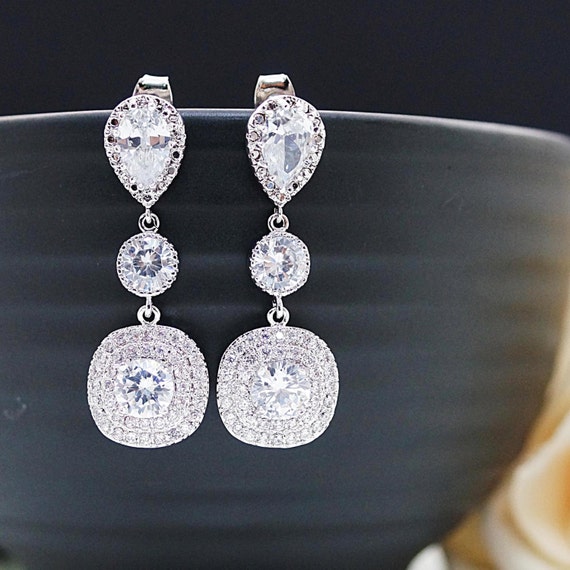 Cubic Zirconia Bridal Earrings Wedding Jewelry Square Drop Cubic