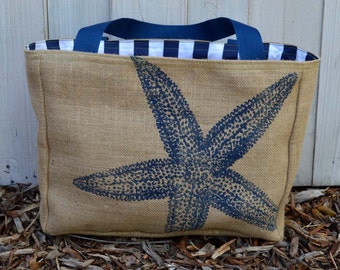 Handmade Star Fish Burlap Market Tote Bag