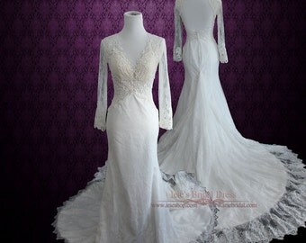 Vintage Style Lace Wedding Dress with Plunging Neckline and Long Sleeves | Sexy Wedding Dress | Cathedral Length Wedding Dress | Amber
