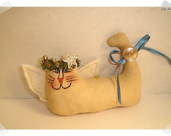 Angel Cat Ornament/Glittered Wings /Muslin Fabric /Hand Painted/ Handmade**