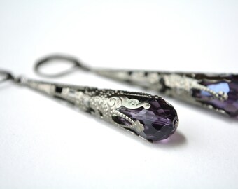 Long Purple Earrings Warm Violet Dangle Earrings Victorian Filigree Cone Dark Silver Gunmetal Aged Edwardian Earrings