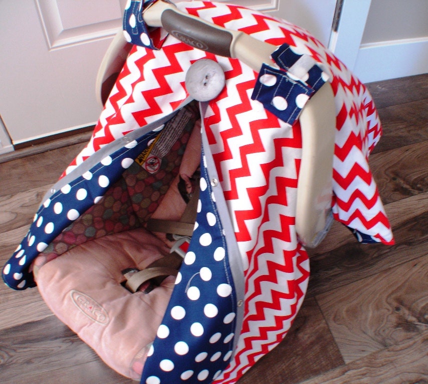 Boy Carseat canopy free shipping Chevron red navy and grey