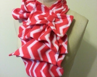 Ruffled Bow Scarf - Fleece chevron print coral-pink and white - Made-to-order