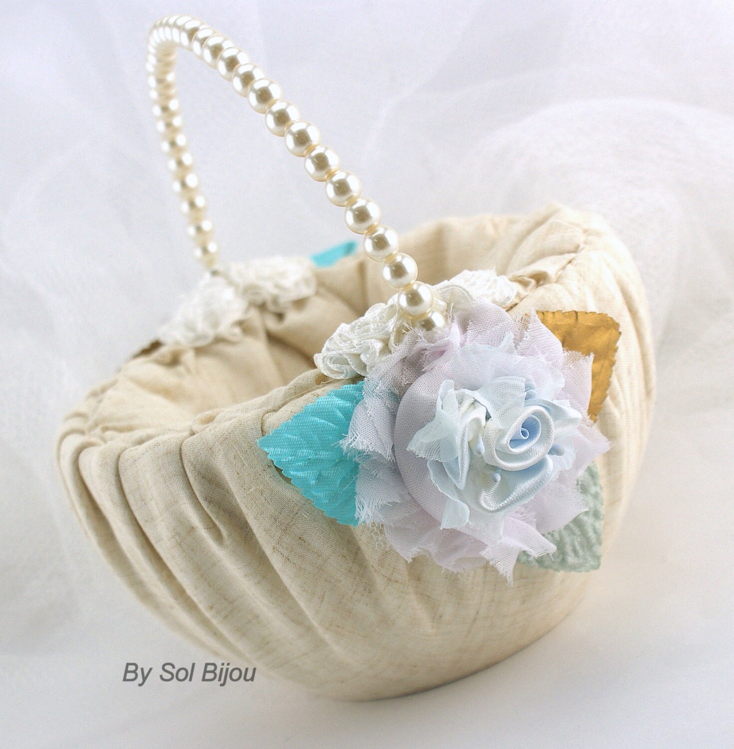 Flower Girl Basket White Mint Blue Turquoise Silver