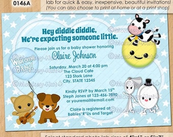 Nursery Rhyme Baby Shower Invitations / hey diddle diddle cow jumped over the moon cat dog dish / DIGITAL INVITATION / Design#: ISNU-0146A