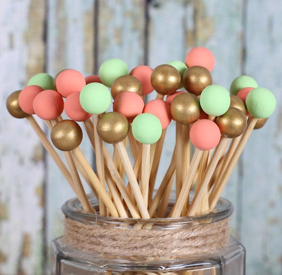 Coral, Mint & Gold Lollipop Sticks, Wedding Cake Pops Sticks