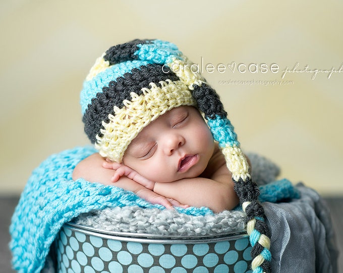 Elf Hat in Aqua, Pale Yellow, and Charcoal with Braided Tail