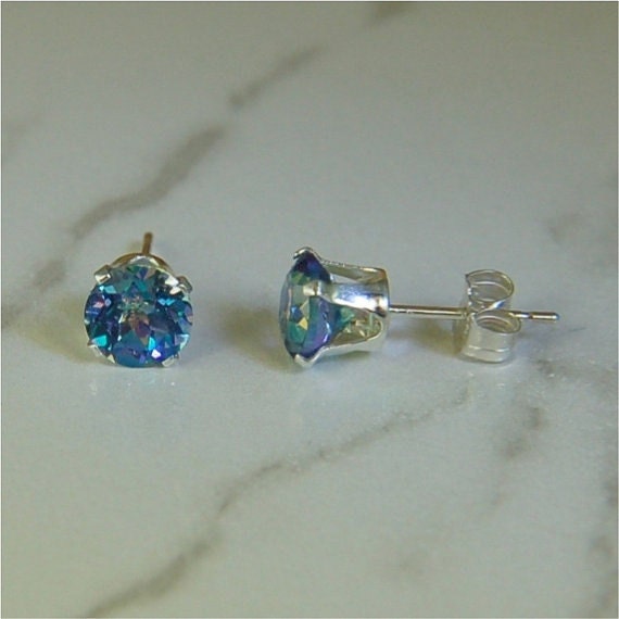 Mystic Blue Topaz Earring Studs Sterling Silver 6mm Round