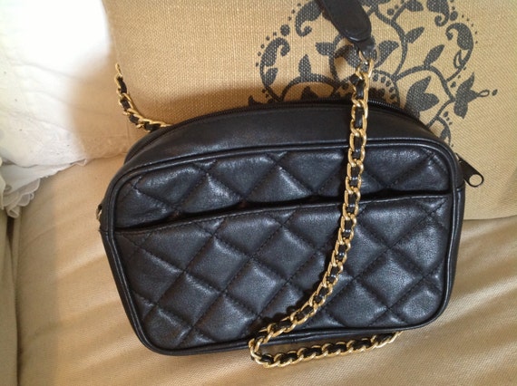 Vintage Black Leather Quilted Purse Gold Chain Strap Giani