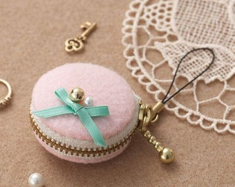 Macaron Mini Pouch Strap Pink - Japanese Felt DIY Kit - Girly, Adorable, Kawaii Sweets Coin Purse, Accessory Case, Bag Charm - F99