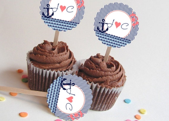 Cupcake Picks, Toppers, Wedding, Bridal Shower, Birthday, Nautical, Beach Theme, Navy, Coral Il_570xn