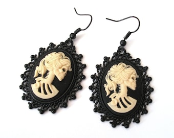 Zombie Earrings in Black, Lolita Earrings, Skeleton Earrings, Black Cameo Earrings, Black, Steel, Sterling Silver or Silver Plated Ear Wires
