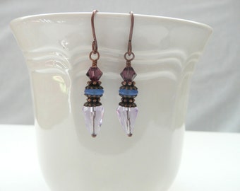ndb-Blue, Amethyst, Lavender and Copper Beaded Dangle Earrings