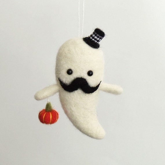 Ghost ornament Halloween decor needle felted Mustache Ghost