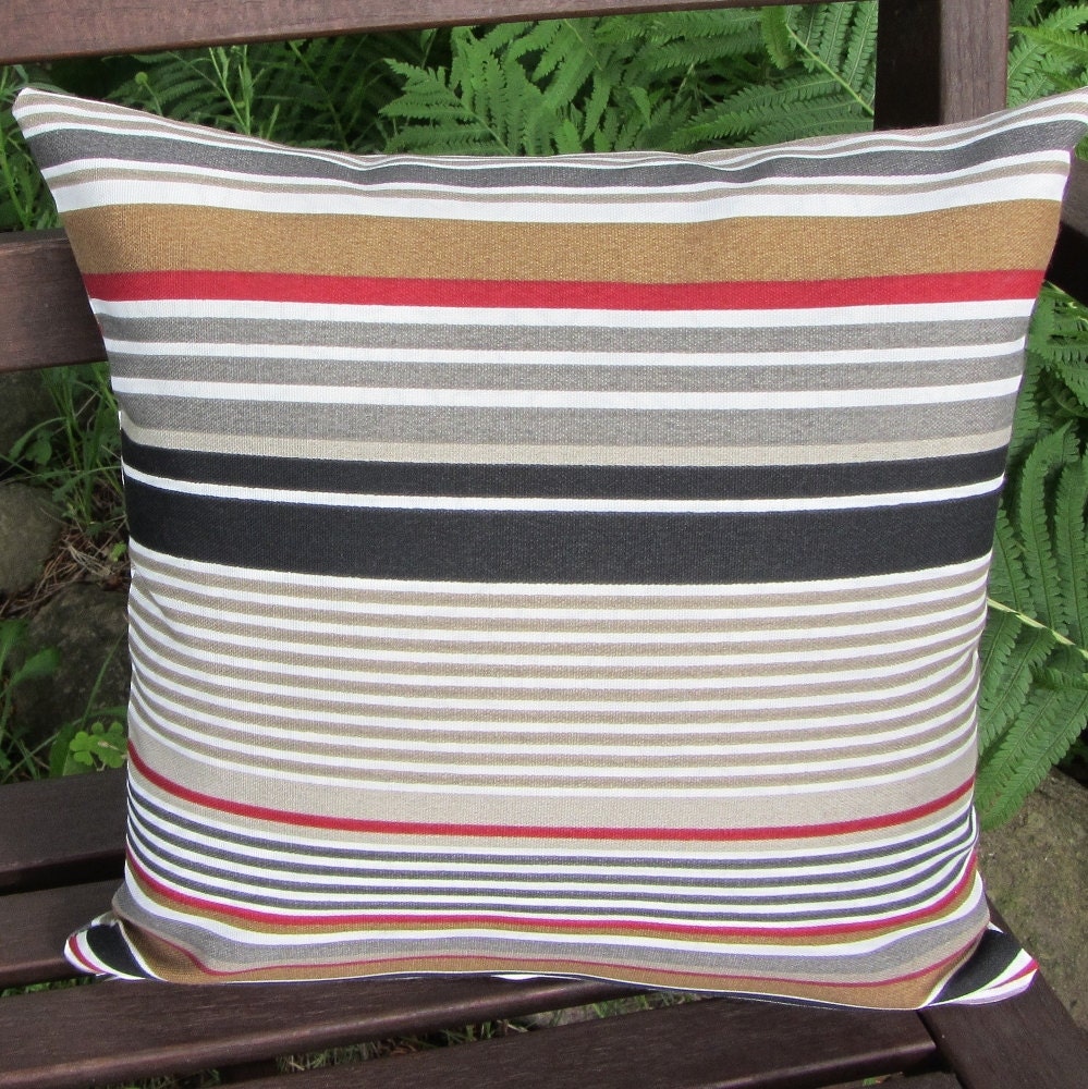 Outdoor pillow cover red black tan gray stripes in