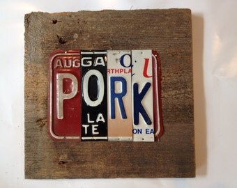 PORK license plate sign tomboyART art recycled upcycled pig BBQ Mississippi blues