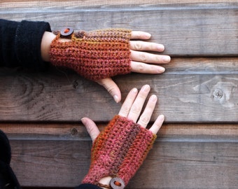 Fingerless gloves, Multicolour crochet mittens with wooden buttons, knitwear UK