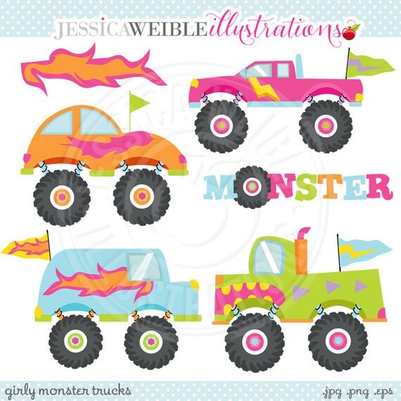 Girly Monster Trucks Cute Digital Clipart - Commercial Use OK - Pink Monster Truck, Trucks for Girls, Monster Truck Graphics Il_570xn