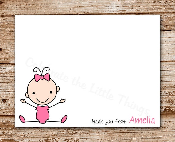 Baby Girl Thank You Cards (set of 8) Personalized Stationery, Note Cards, Notecards | Stick Baby, Kids Il_570xn