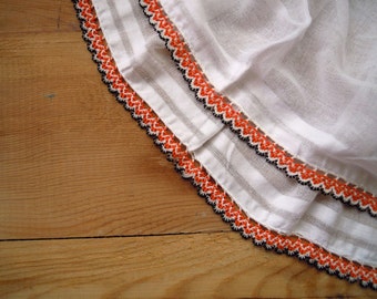 white cotton scarf with beaded edging, orange black, crochet with beads, vintage