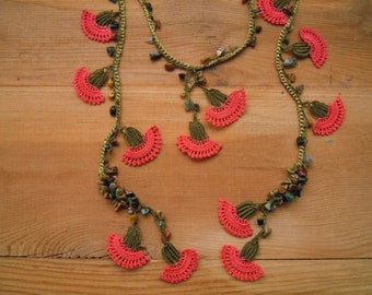 crochet flower necklace, lariat peach carnation