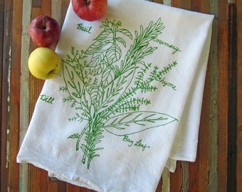 Tea Towel - Screen Printed Flour Sack Towel - Botanical - Kitchen Towel - Handmade - Herb Bunch - Flour Sack - Dish Towel - Mothers Day Gift