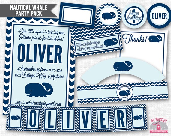 Nautical Whale Birthday Party Pack PDF (Invitation, Cupcake Topper and Wrapper, Bottle and Food Label, Thank You, Treat Bags, Banner) Il_570xn