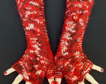 Arm Warmers Fingerless Gloves Cabled in Red White Black