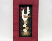 Folk Art Chicken Sitting on Eggs, Whimsical Chicken, Framed in Red, Tole Painted, Hand Crafted Wood Frame from Reclaimed Pine Wood