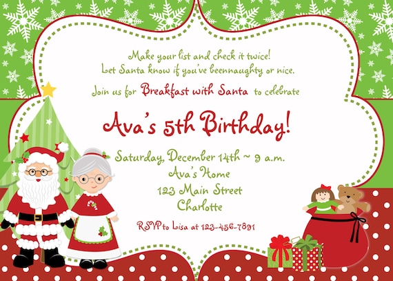 Items similar to Christmas Birthday Party Invitation Breakfast with Santa Invitation on Etsy