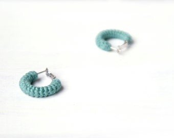 Green Earrings, Mini Crochet Tube Hoops, 1 inch hoop earrings