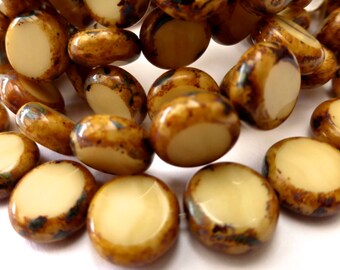 15 Czech Glass Flat Round Disc Beads in Opaque Cream with Picasso Edges Size 11mm