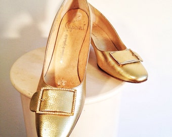 Rhinestone Buckle Shoe - 60s Metallic Leather Pump - Caprini Gold ...