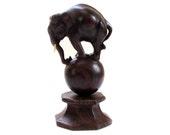 Vintage Carved Wood Elephant on Circus Ball Globe Sandalwood Tall