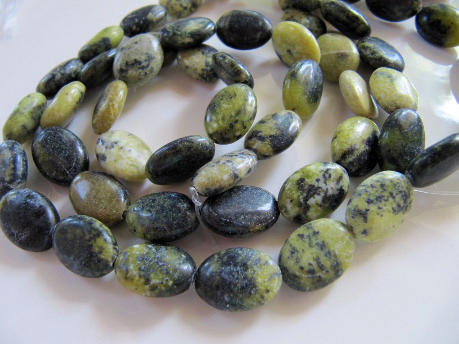 Yellow Turquoise Beads in Olive Green Oval Serpentine Jasper