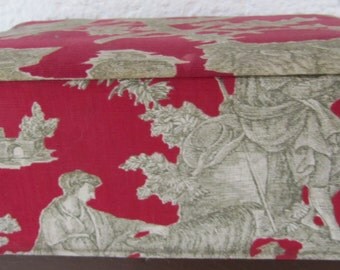 Vintage French Country Red Toile du Jouy Fabric Textile or Fabric Covered Box,