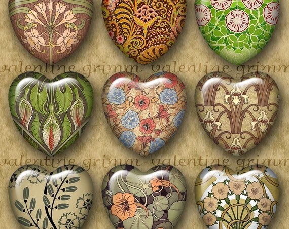 1 inch FLORAL ART NOUVEAU Digital Printable Hearts collage