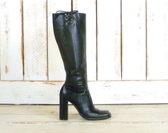 90s black leather chunky high heel knee high boots/motorcycle boots/fitted black leather boots