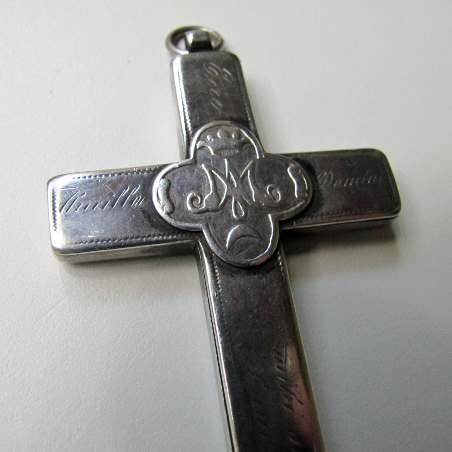Antique Large Silver Reliquary Catholic Cross Crucifix. Double