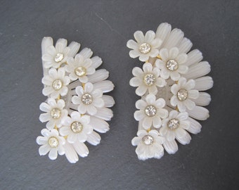 Vintage Brass White Floral Rhinestone Plastic Earrings