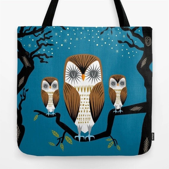 Three Lazy Owls - illustrated Dark Blue - Owl / Bird - Tote Bag ( 18" x 18")
