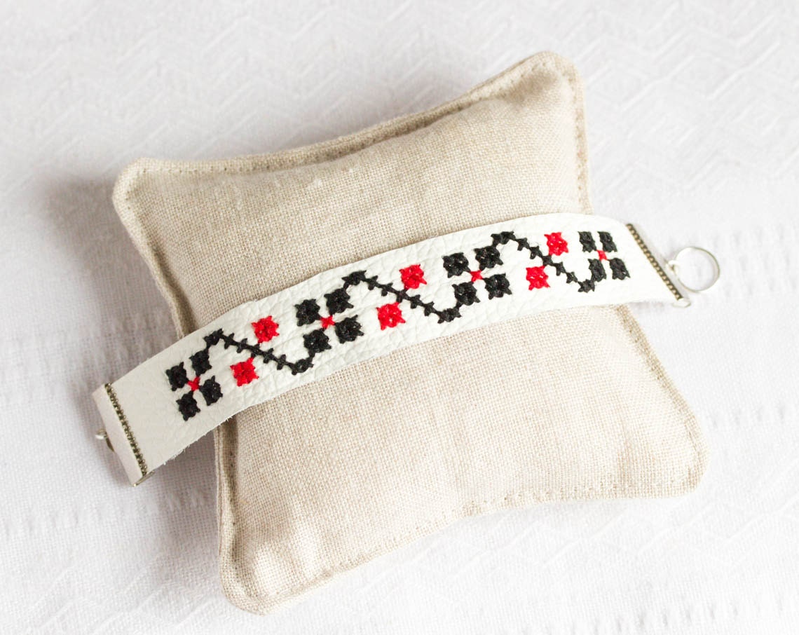 Leather embroidered bracelet Ethnic Ukrainian embroidery