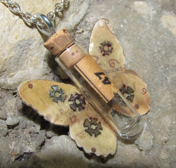 Items similar to Steampunk Butterfly Industrial Vial Necklace Tiny