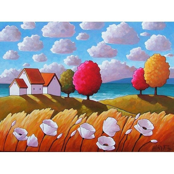 Fine Art Print Giclee by Horvath 8 1/2"x11" Modern Folk Coastal White Flowers Ocean Summer Cottages Tree Colors Reproduction Seacape Artwork