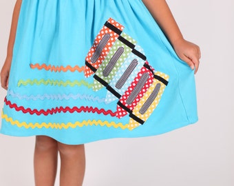 Back to School Outfit, Back to School Dress, Crayon Applique - Toddler Dress or Girl's Dress- Choose Dress Color and Sleeve Length