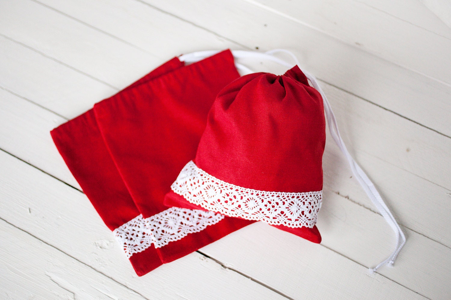Red drawstring bag Fabric gift bags Linen bread bag