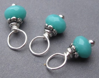 Wire Wrapped Bead Dangles, Birthstone Charms, Turquoise Czech Glass Beads, Stitch Markers, Wine Charms with Petite Bead Caps
