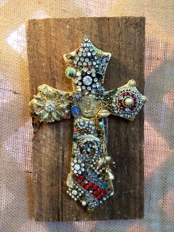 Items similar to Mixed Media Cross Vintage Jewelry Religious Medals